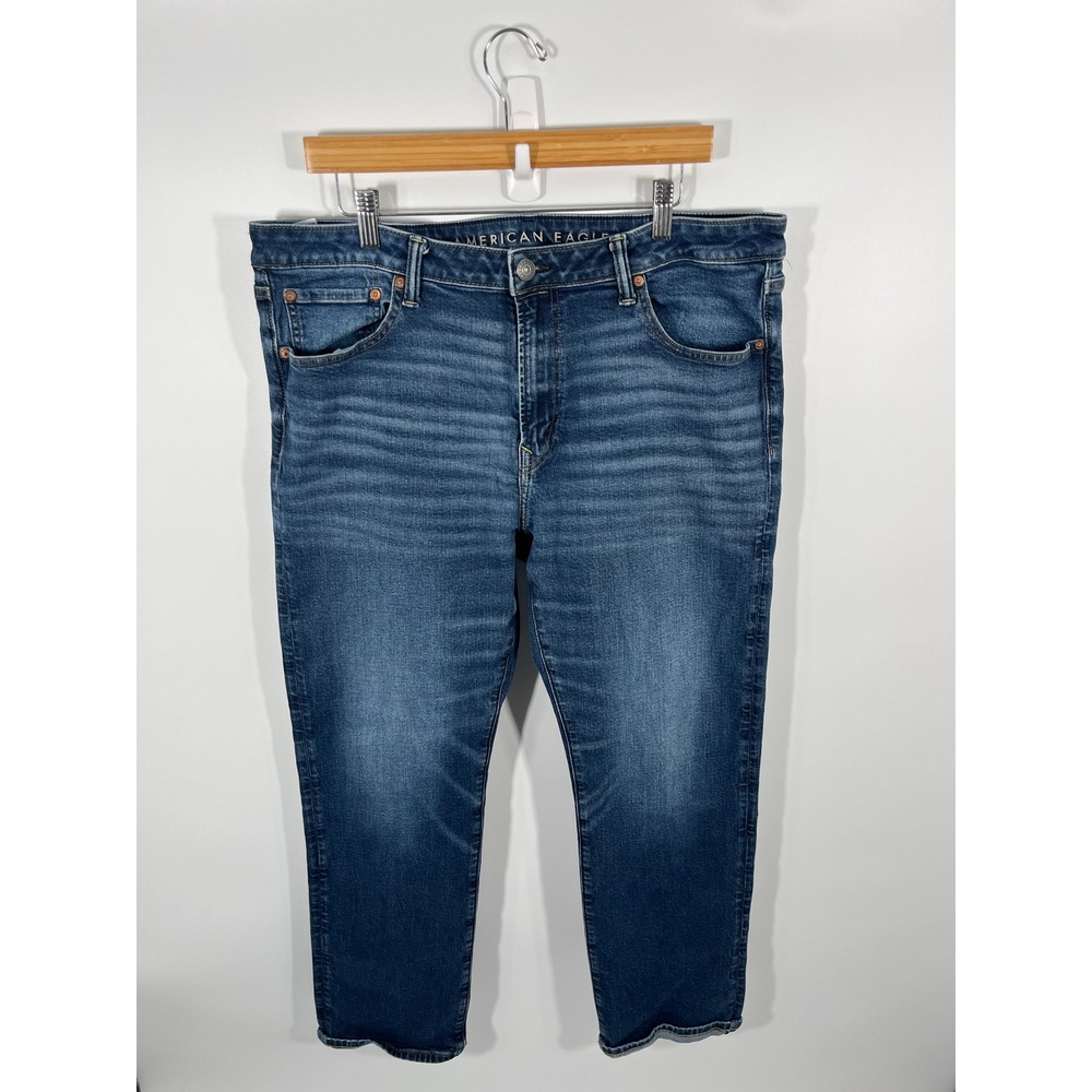 American Eagle Original Straight Jeans Mens 38x32‎ Blue Dark Wash Stretch Denim